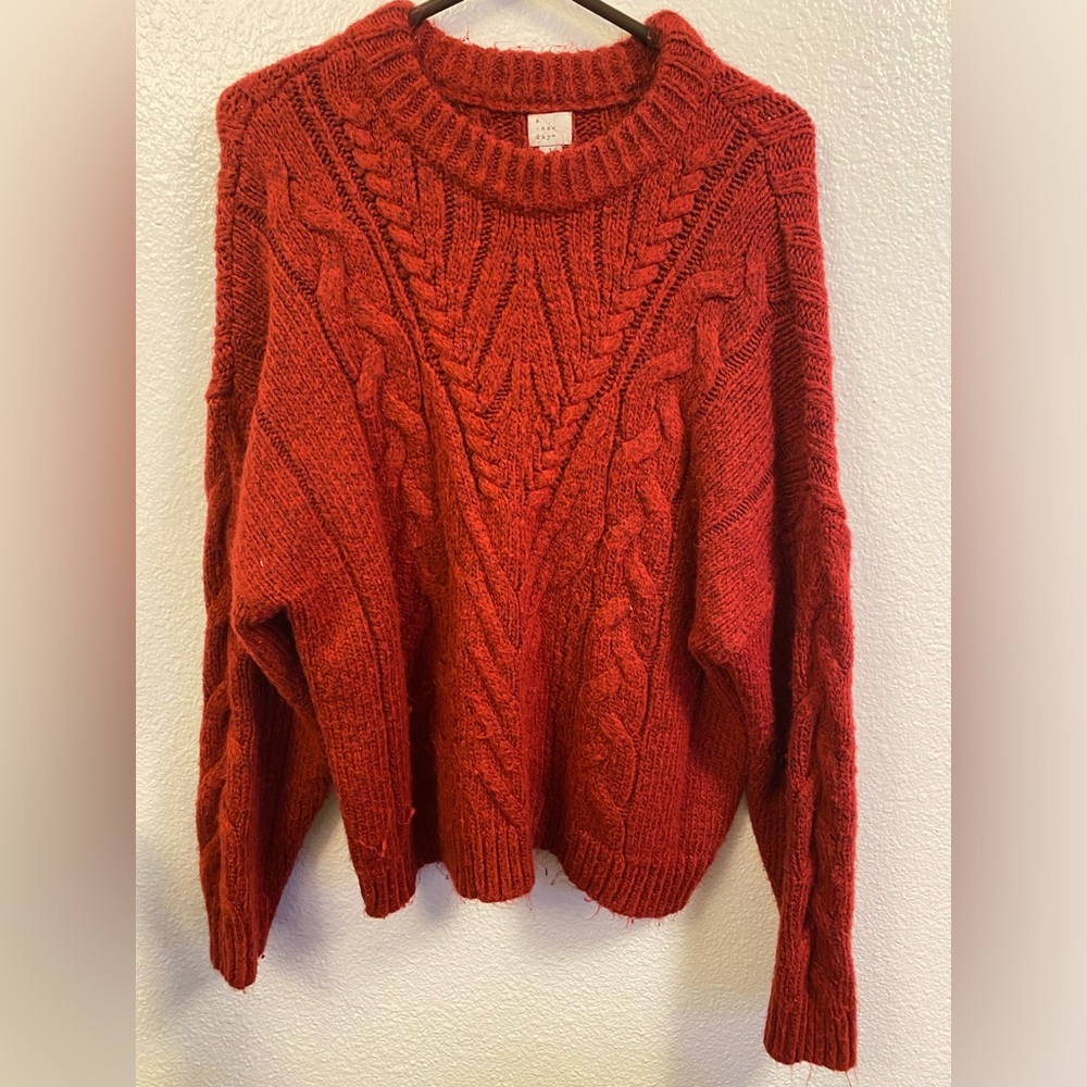 Red “A New Day” Cable Knit Sweater